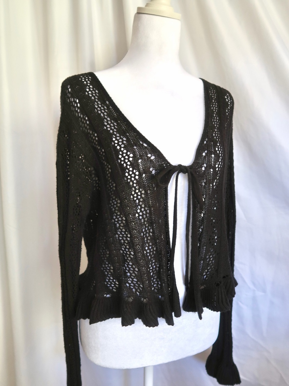 Black Front Tie Crochet Cardigan